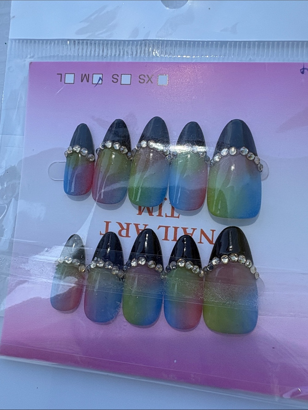 Rainbow Ombre Press-On Nail Set with Rhinestone Accent - Multicolor